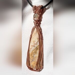 Golden Lace Agate Pendant Necklace Unique Artisan Copper Design
